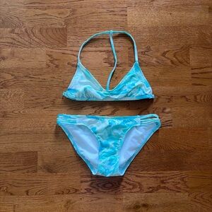 Pura Vida Swimsuit Swim XS 2 Piece Bikini Top Strappy Bottom Blue White Tie Dye